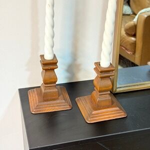 Vintage Wood Taper Candle Holder Set Pair Mid Century Farmhouse Brown Pedestal